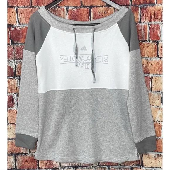 NWT Georgia Tech Yellow Jackets Gray White Wide Neck Large Adidas Sweatshirt - Picture 2 of 5